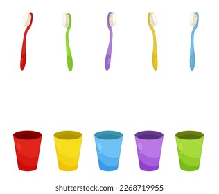 Matching children educational game.  Activity for pre sсhool years kids and toddlers. Sort the toothbrushes into cups by color.
