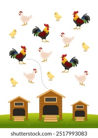 Juego educativo de niños a juego. Actividad para niños y niños pequeños de pre сescolar. Lleva a los gallos, gallinas y polluelos a las casas por tamaño.
