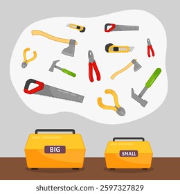 Matching children educational game. Arrange the tools in boxes according to size.
 Activity for pre sсhool years kids and toddlers.