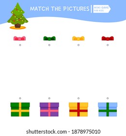 Matching children educational game. Choose a bow for a gift according to the color of the ribbon. Activity for pre sсhool years kids and toddlers.