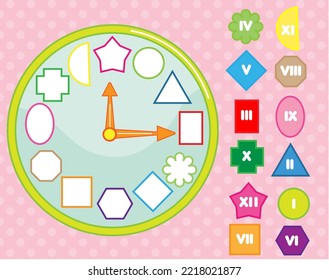 Matching children educational game. Clock puzzle shape sorting for kids and toddlers. Learn roman numbers, time and geometric forms