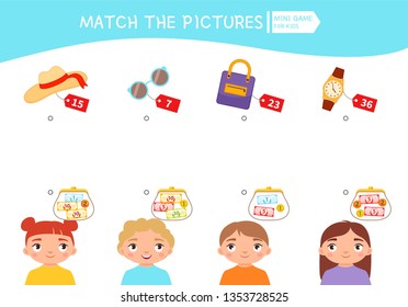 Matching Children Educational Game. Count The Money In The Children's Wallets And Find A Purchase. Vector Illustration Of Cute Children.
