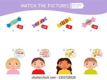 Matching Children Educational Game. Count The Money In The Children's Wallets And Find A Purchase. Vector Illustration Of Cute Children.
