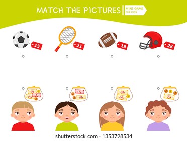 Matching Children Educational Game. Count The Money In The Children's Wallets And Find A Purchase. Vector Illustration Of Cute Children.
