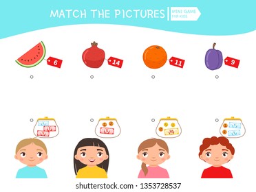 Matching Children Educational Game. Count The Money In The Children's Wallets And Find A Purchase. Vector Illustration Of Cute Children.
