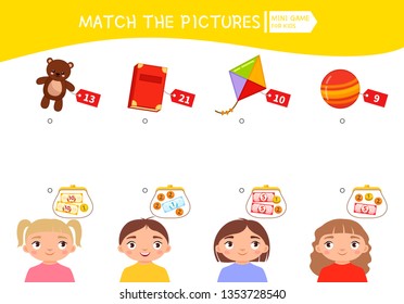 Matching Children Educational Game. Count The Money In The Children's Wallets And Find A Purchase. Vector Illustration Of Cute Children.
