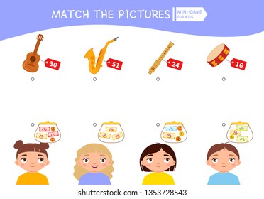 Matching Children Educational Game. Count The Money In The Children's Wallets And Find A Purchase. Vector Illustration Of Cute Children.
