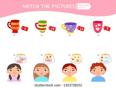 Matching Children Educational Game. Count The Money In The Children's Wallets And Find A Purchase. Vector Illustration Of Cute Children.
