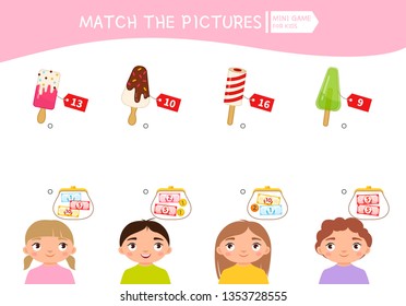 Matching Children Educational Game. Count The Money In The Children's Wallets And Find A Purchase. Vector Illustration Of Cute Children.
