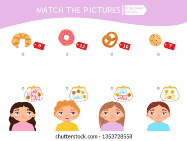 Matching Children Educational Game. Count The Money In The Children's Wallets And Find A Purchase. Vector Illustration Of Cute Children.
