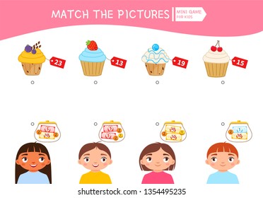 Matching children educational game. Count the money in the children's wallets and find a purchase. Vector illustration of cute children.

