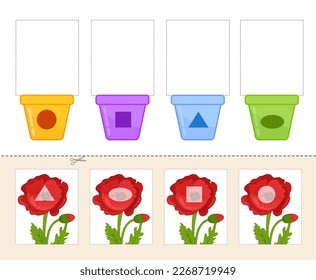 Matching children educational game. Cut out and glue flowers in the correct place. Activity for pre sсhool years kids and toddlers.
