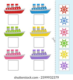 Matching children educational game. Cut out a steering wheel and glue it under the ship in the same color. Activity for pre sсhool years kids and toddlers.