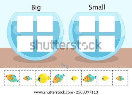Matching children educational game. Cut and glue the fish to size in the aquariums. Activity for pre sсhool years kids and toddlers.
