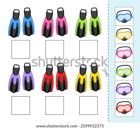 Matching children educational game. Cut out a swimming mask and glue it under the fins of the same color. Activity for pre sсhool years kids and toddlers.