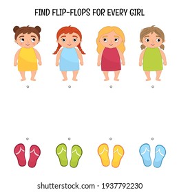 Matching children educational game. .Find flip-flops for every girl
 Activity for pre sсhool years kids and toddlers.