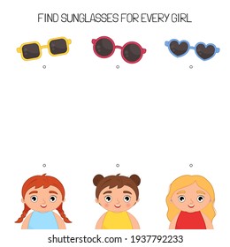 Matching children educational game. .Find sunglasses for every girl. Activity for pre sсhool years kids and toddlers.