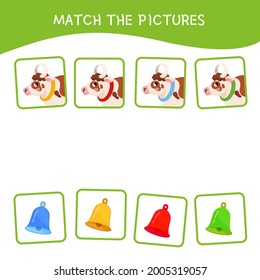 Matching children educational game. Find the right bell color for each cow Activity for pre sсhool years kids and toddlers.