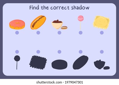 Matching children educational game with food - donut, hot dog, dates, candy, ravioli. Find the correct shadow. Vector illustration.