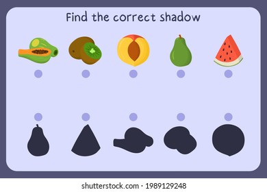 Matching children educational game with food - papaya, kiwi, nectarine, pear, watermelon. Find the correct shadow. Vector illustration.