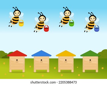 Matching children educational game. Help the bees find their homes. Activity for pre sсhool years kids and toddlers.