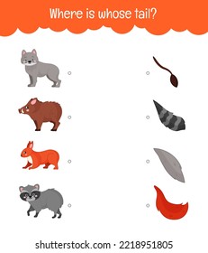 Matching children educational game. Help the animals find their tails.  Activity for pre sсhool years kids and toddlers.