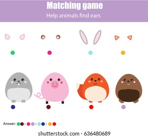 Matching children educational game. Help animals find ears. Activity for pre shool years kids