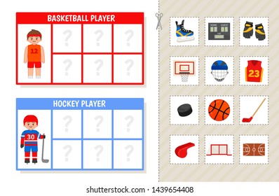 Matching children educational game. Learning cards. Match objects and professions. Activity for pre sсhool years kids and toddlers.