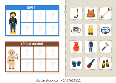 Matching children educational game. Learning cards. Match objects and professions. Activity for pre sсhool years kids and toddlers.