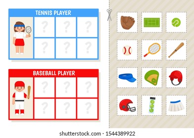 Matching children educational game. Learning cards. Match objects and professions. Activity for pre sсhool years kids and toddlers.