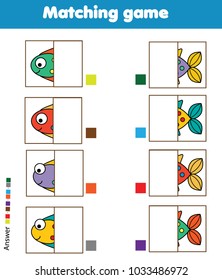 Matching children educational game. Match parts of fish. Activity for pre shool years kids and toddlers