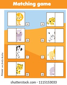 Matching children educational game. Match african animals halves. Activity for pre shool years kids and toddlers
