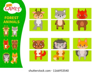 Matching children educational game. Match parts of cute animals.. Activity for pre shool years kids and toddlers.