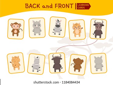 Matching children educational game. Match parts of african animals. Activity for pre shool years kids and toddlers. Back and front.