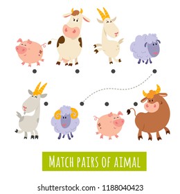 Matching children educational game. Match pairs of farm animals: cow, goat, pig, sheep. Activity for preschool years kids and toddlers. Mother and Father