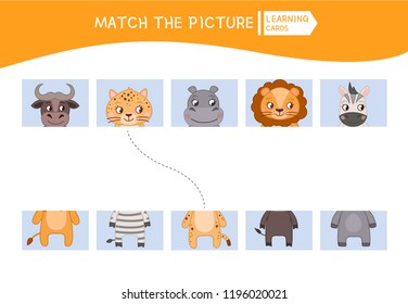 Matching children educational game. Match parts of african animals. Activity for pre shool years kids and toddlers.