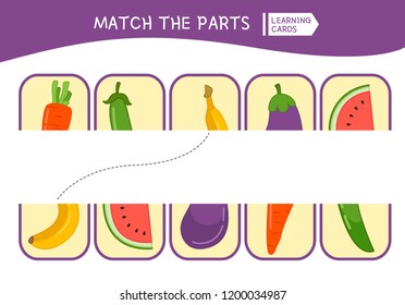 Matching Children Educational Game. Match Parts Of Cartoon Vegetables. Activity For Pre Shool Years Kids And Toddlers.