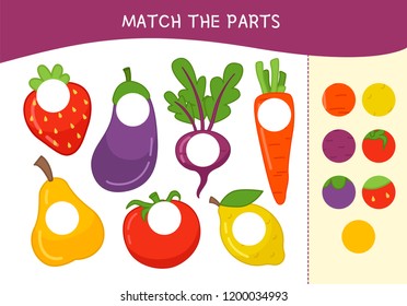 Matching Children Educational Game. Match Parts Of Cartoon Vegetables. Activity For Pre Shool Years Kids And Toddlers.