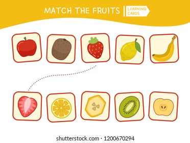 Matching children educational game. Match parts of cartoon fruits. Activity for pre shool years kids and toddlers.