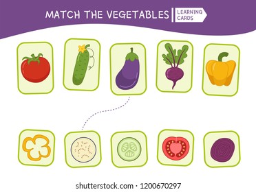 Matching Children Educational Game. Match Parts Of Cartoon Vegetables. Activity For Pre Shool Years Kids And Toddlers.