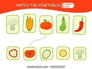 Matching Children Educational Game. Match Parts Of Cartoon Vegetables. Activity For Pre Shool Years Kids And Toddlers.