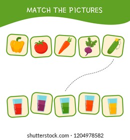 Matching children educational game. Match parts of cartoon vegetables and glasses with juice. Activity for pre shool years kids and toddlers.