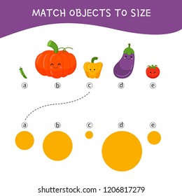 Matching children educational game. Match parts of cartoon vegetables to size . Activity for pre shool years kids and toddlers.