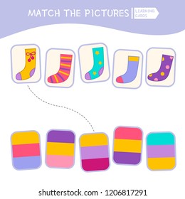 Matching children educational game. Match parts of cartoon socks and colors. Activity for pre shool years kids and toddlers.