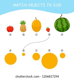 Juego educativo para niños. Coincide partes de frutas de dibujos animados con el tamaño . Actividad para niños y niños en edad preescolar.
