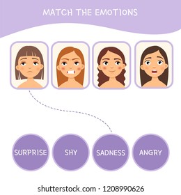 Matching children educational game. Match parts of girls and emotions. Activity for pre shool years kids and toddlers.