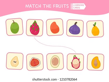 Matching children educational game. Match parts of cartoon fruits. Activity for pre shool years kids and toddlers.