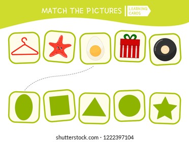 Matching children educational game. Match parts of objects and geometric shapes. Activity for pre shool years kids and toddlers.