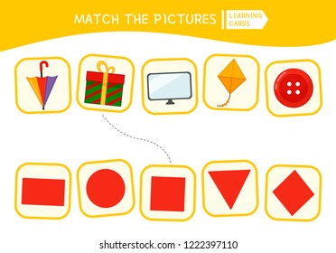 Matching children educational game. Match parts of objects and geometric shapes. Activity for pre shool years kids and toddlers.