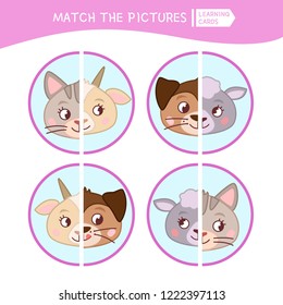 Matching children educational game. Match parts of cartoon animals. Activity for pre shool years kids and toddlers.